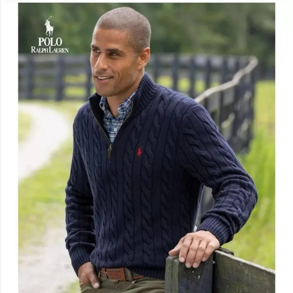 POLO Ralph Lauren Men's Blue 100% Cotton Cable Knit Quarter Zip Sweater Size XLT